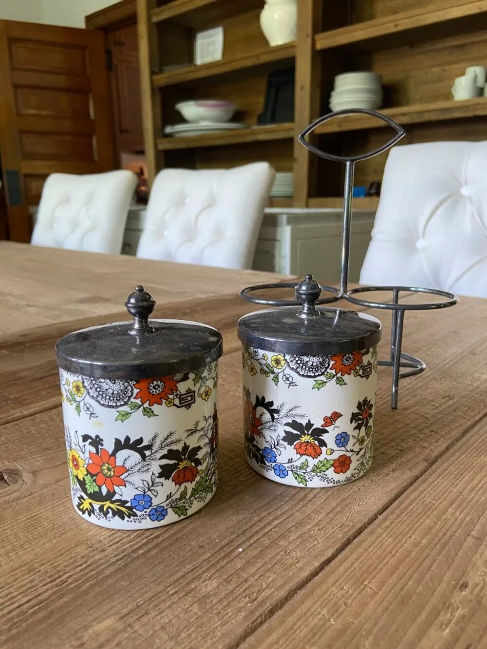 vintage porcelain condiment jar set, retro porcelain kitchen canister set